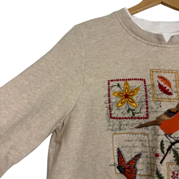 Breckenridge Bird Monarch Butterfly Floral Vtg Sweatshirt Small Tan Applique - Picture 4 of 9